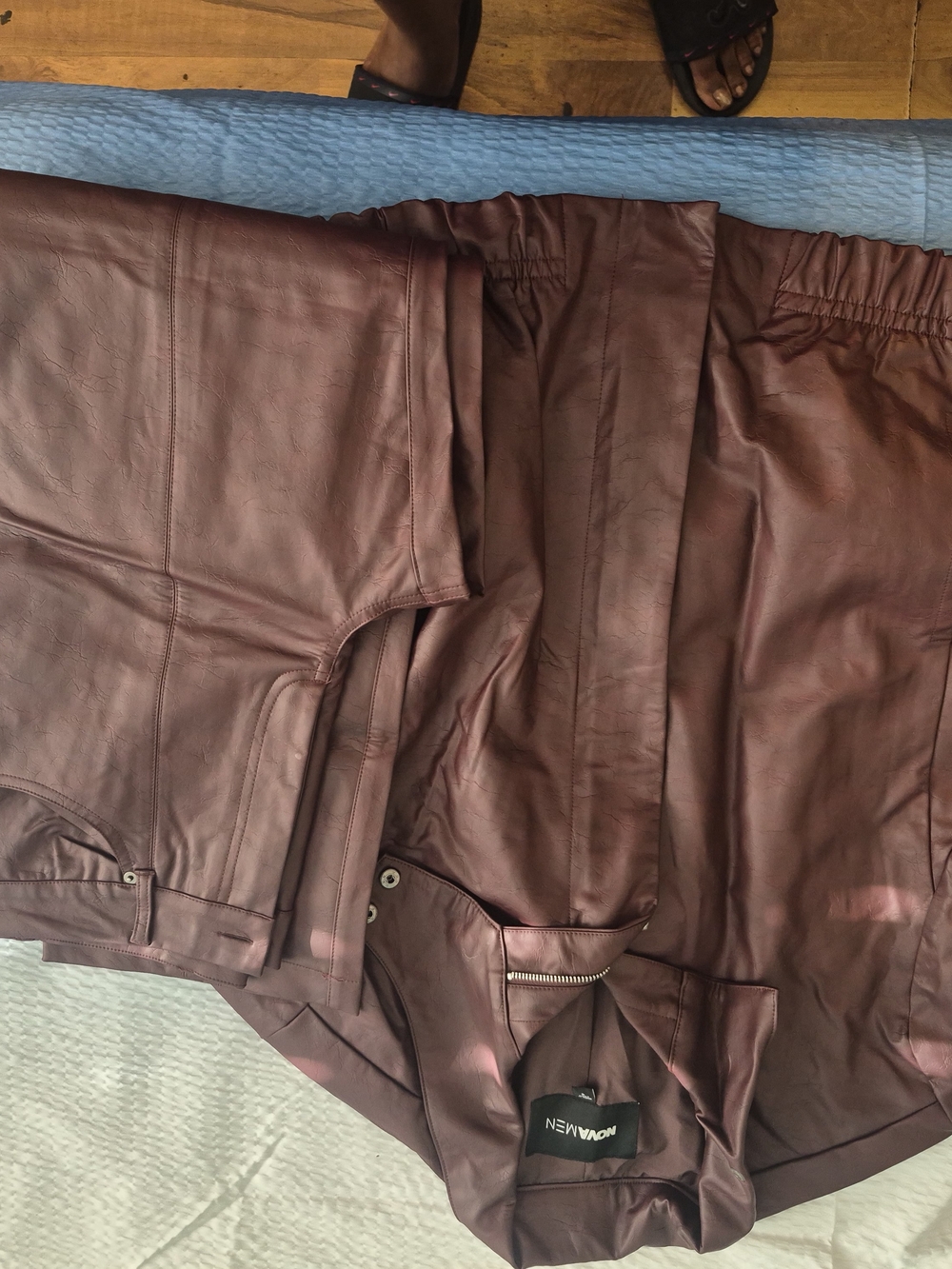 Men's Faux Leather Jacket and Pants Set- Burgundy